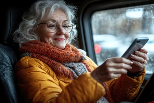 Happy Senior Woman Driving Alone, Using Smartphone Safely—Tips for Elderly Driver Safety and Indep