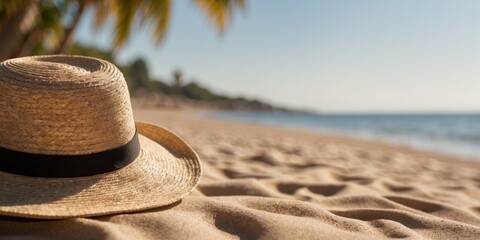 Serene seaside escape with straw hat on sandy beach.