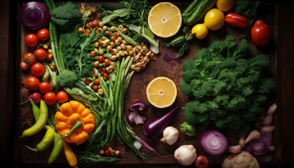 Freshly harvested vegetables and fruits arranged artfully on a wooden surface, highlighting vibrant colors and diverse textures