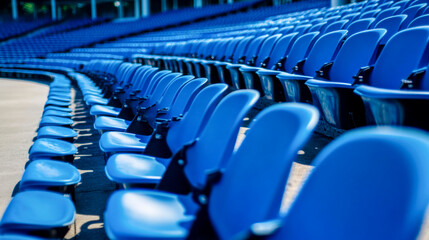 Empty blue stadium seats arranged in neat rows under bright sunlight during an afternoon event