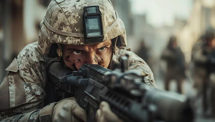 Fototapeta premium A soldier in combat stance, showcasing focus and determination while aiming a rifle in a war-torn environment.