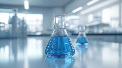 In a clean white laboratory, there is an open beaker filled with transparent blue liquid on a smooth table, with two other glassware in front and blurry laboratory equipment, generative artificial int