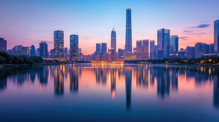 Fototapeta premium A stunning cityscape at dusk, showcasing modern skyscrapers reflecting on a calm river, against a colorful evening sky.
