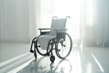 A wheelchair draped in a white cloth, illuminated by soft natural light in a bright, spacious indoor area