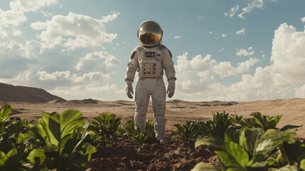 Fototapeta premium Astronaut standing in a desolate desert, surrounded by lush plants, creating a surreal scene of life in a barren landscape