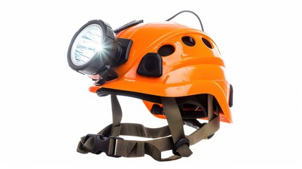 Orange safety helmet with a powered headlamp shining brightly