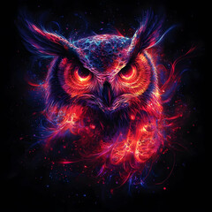 A vibrant owl design featuring bright colors and cosmic elements, capturing the essence of wisdom and mystery.