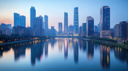 Fototapeta premium Modern city skyline reflecting in calm river water at dawn, showcasing urban architecture and skyscrapers in the morning light.