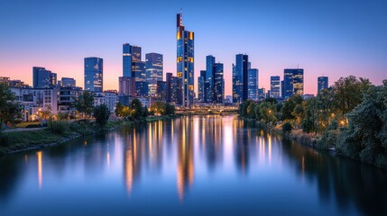 Obraz premium Panoramic view of modern city skyline with reflection in river at twilight, showcasing skyscrapers, urban architecture, and serene water.