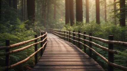 Fototapeta premium A wooden bridge that passes through the wilderness forest.