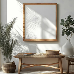 A serene interior showcasing a wooden frame, minimalist decor, and natural light filtering through palm leaves.