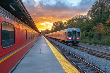 Obraz premium Side View of a Locomotive at the Station Platform with Commuter Train Parked in the Lot