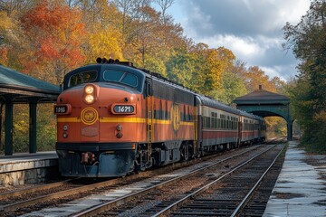 Fototapeta premium Side View of a Locomotive at the Station Platform with Commuter Train Parked in the Lot