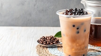 Enjoy a refreshing cup of boba tea, featuring creamy milk and chewy black pearls, accompanied by a spoon of brown rice and a glass pot of rich coffee beans