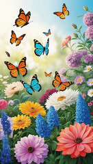 Fototapeta premium butterflies fluttering around blooming garden flowers background art design backdrop