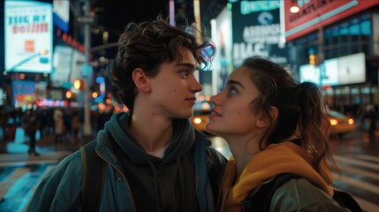 A couple stands in the middle of a lively, neon-lit city street at night, surrounded by glowing billboards and passing yellow taxis, capturing a moment of embrace.