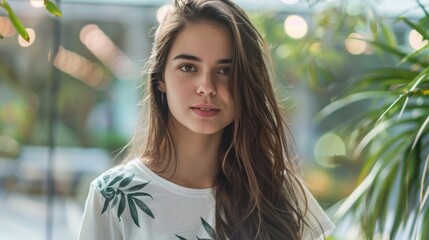 Fototapeta premium This image features a young woman with flowing long hair standing amidst a vibrant green environment, capturing a serene and natural moment with soft lighting and gentle ambiance.
