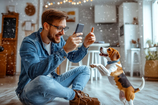 A man playfully trains his beagle puppy indoors during winter, capturing the moment with a smartphone