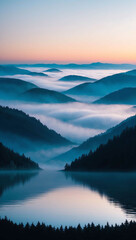 fog rolling over calm mountains at dawn background art design backdrop