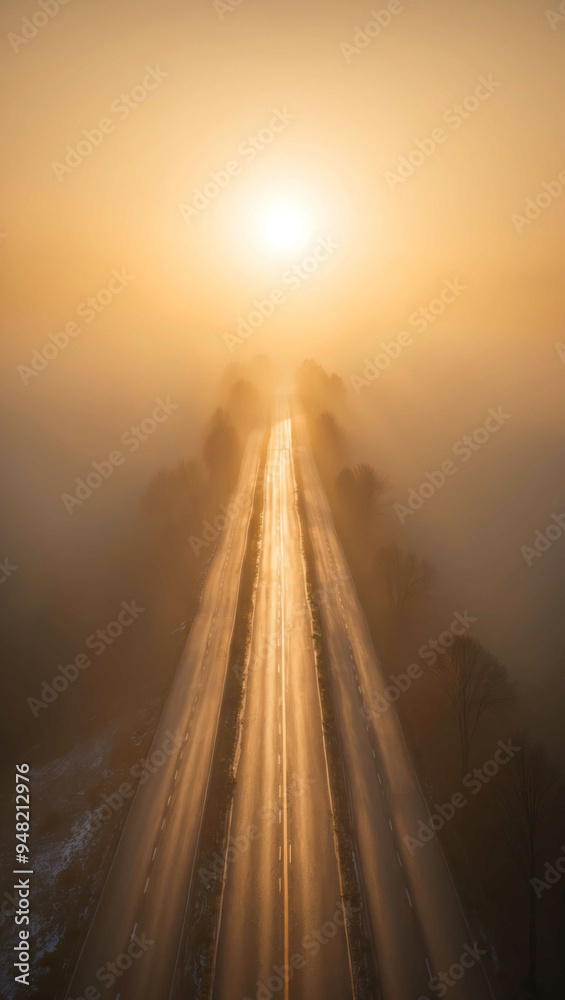 Poster golden sunlight breaking through a dense morning fog background art design backdrop