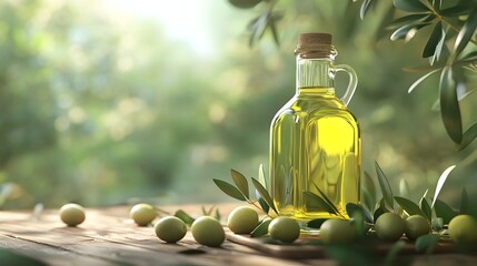 Organic Olive Oil Bottle with Fresh Olives and Leaves in 3D