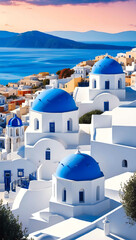 Fototapeta premium greek white buildings with blue domes overlooking sea background art design backdrop