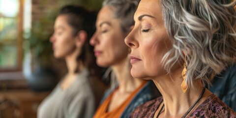 Fototapeta premium Women practicing yoga, meditation, and prayer together at home for spiritual wellness, focusing on relaxation, mindfulness, and energy balance