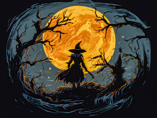 witch looking at the moon in a forest. Concept for Halloween