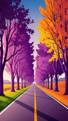 purple autumn trees lining a calm country road background art design backdrop