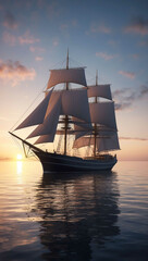 Fototapeta premium sailing ship navigating calm waters at sunset background art design backdrop
