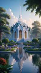 serene temple surrounded by tranquil water gardens background art design backdrop