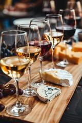 A delightful wine and cheese tasting arrangement with various wines and cheeses set on a wooden board at a social gathering