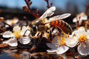Close of a bee eating white flower pollen in the field, generative IA