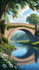 Fototapeta premium stone bridge arching over a peaceful river background art design backdrop
