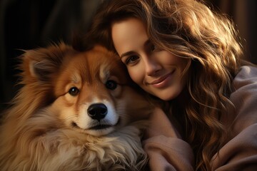 A woman's closeup hugging her pet dog, generative IA