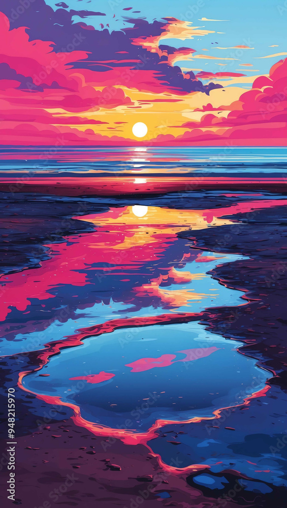 Poster vibrant sunset reflected in tidal pools on the beach background art design backdrop