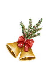 Watercolor Golden Christmas Bell with red bow and Christmas tree branches