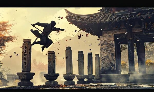 Martial artist performing a dynamic move with a sword in front of an ancient temple surrounded by pillars and falling autumn leaves. Cinematic in an action-oriented style. Generative by AI
