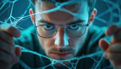 Man caught in a spider web of financial scams, depicting deceitful financial traps