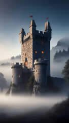 Fototapeta premium ancient stone castle surrounded by misty fog background art design backdrop