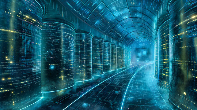 Conceptual image of large database arrays. Centralized database management technology. Conceptual background of digital technologies.