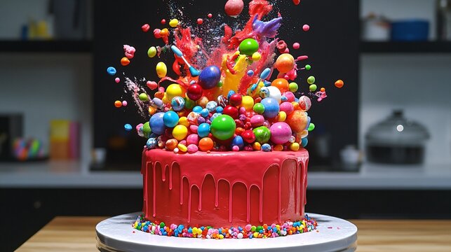 Candy-themed birthday cake with a candy explosion on top