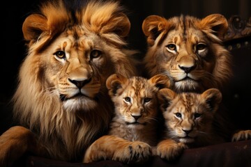Family of lions with dark background puppies, generative IA