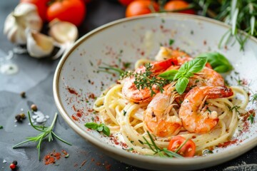 A delectable plate of shrimp pasta adorned with fresh herbs like thyme, basil, and rosemary, with a backdrop of vibrant tomatoes, garlic cloves, and peppercorns.