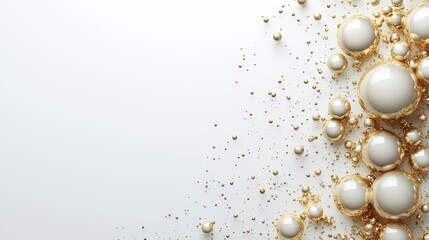 Elegant Minimalist Design Featuring Gold Bubbles on White Background, Clean Lines, High-End Aesthetic, and Soft Lighting with Blurred Foreground and Background for High-Resolution Visual Art.
