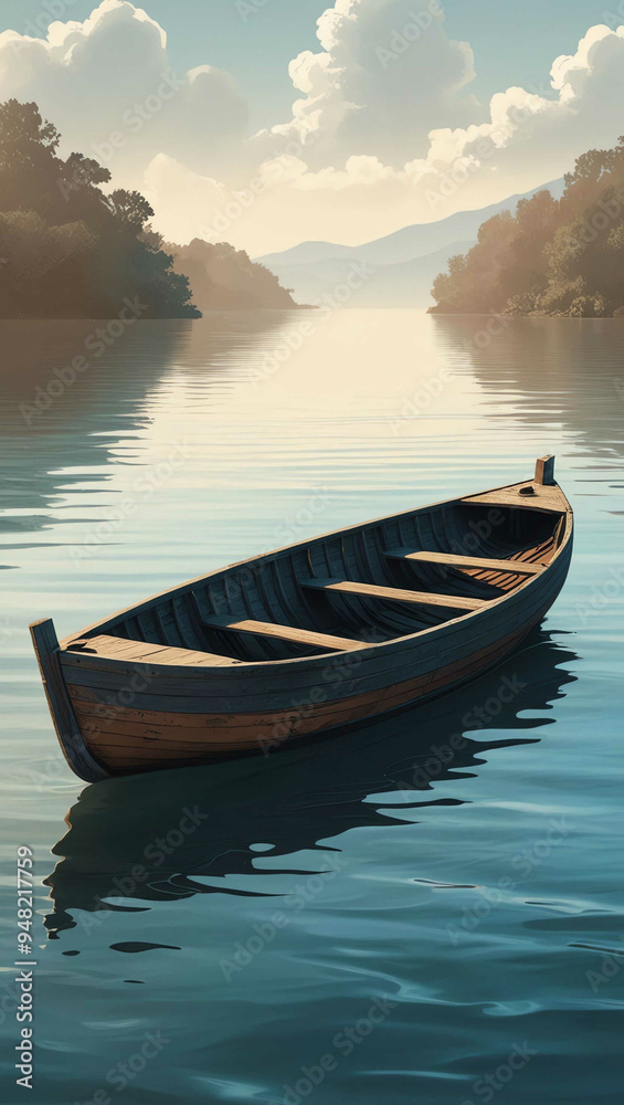 Wall mural old wooden boat drifting in peaceful waters background art design backdrop