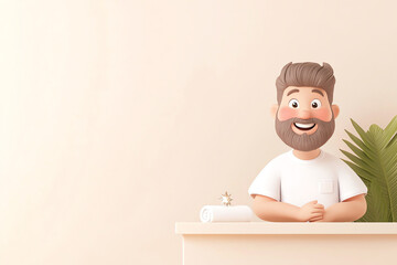A cheerful cartoon character with a beard, sitting at a desk with a plant, ready to assist in a friendly environment.