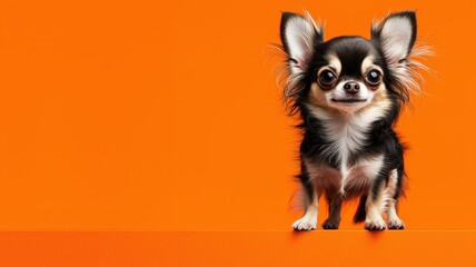 A cute Chihuahua sits happily against a vibrant orange background, showcasing its playful personality and adorable features.