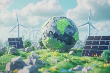 Concept of renewable energy utilizing solar panels and wind turbines