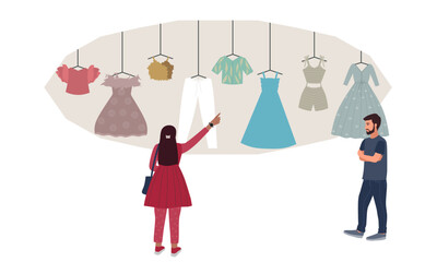 Woman at clothes store vector illustration. Man with customer pointing to dress illustration